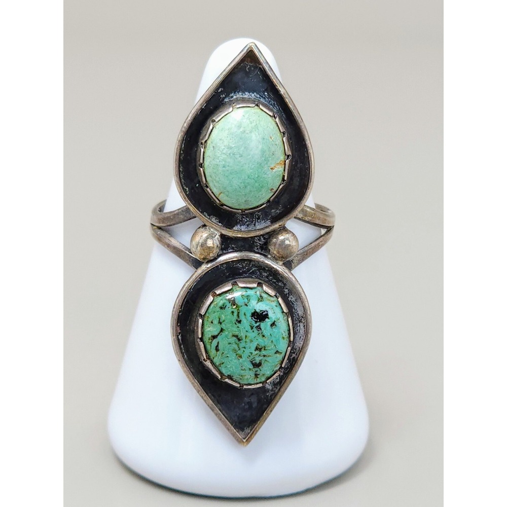 Sterling Silver Ring Size 8.5 Long Green Leaf Turquoise Signed IZ Southwestern